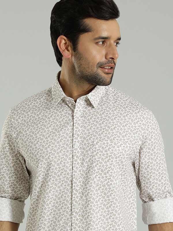 Indian Terrain Men's Regular Fit Full Sleeve Floral Print Off White Shirt